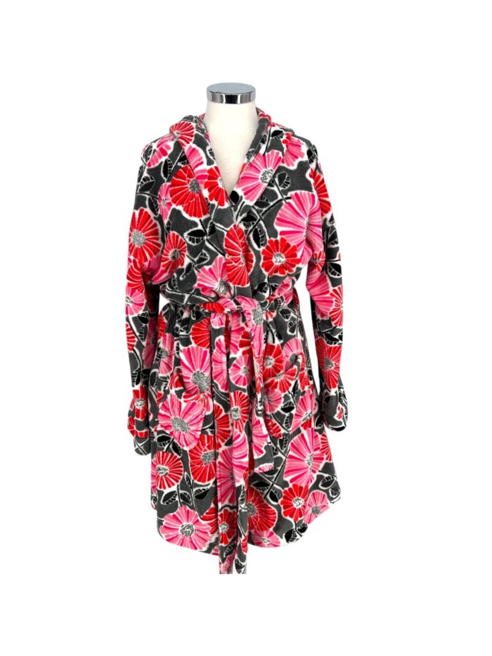 Vera Bradley Floral Hooded Robe Red Pink Plush Belted Size Large XL